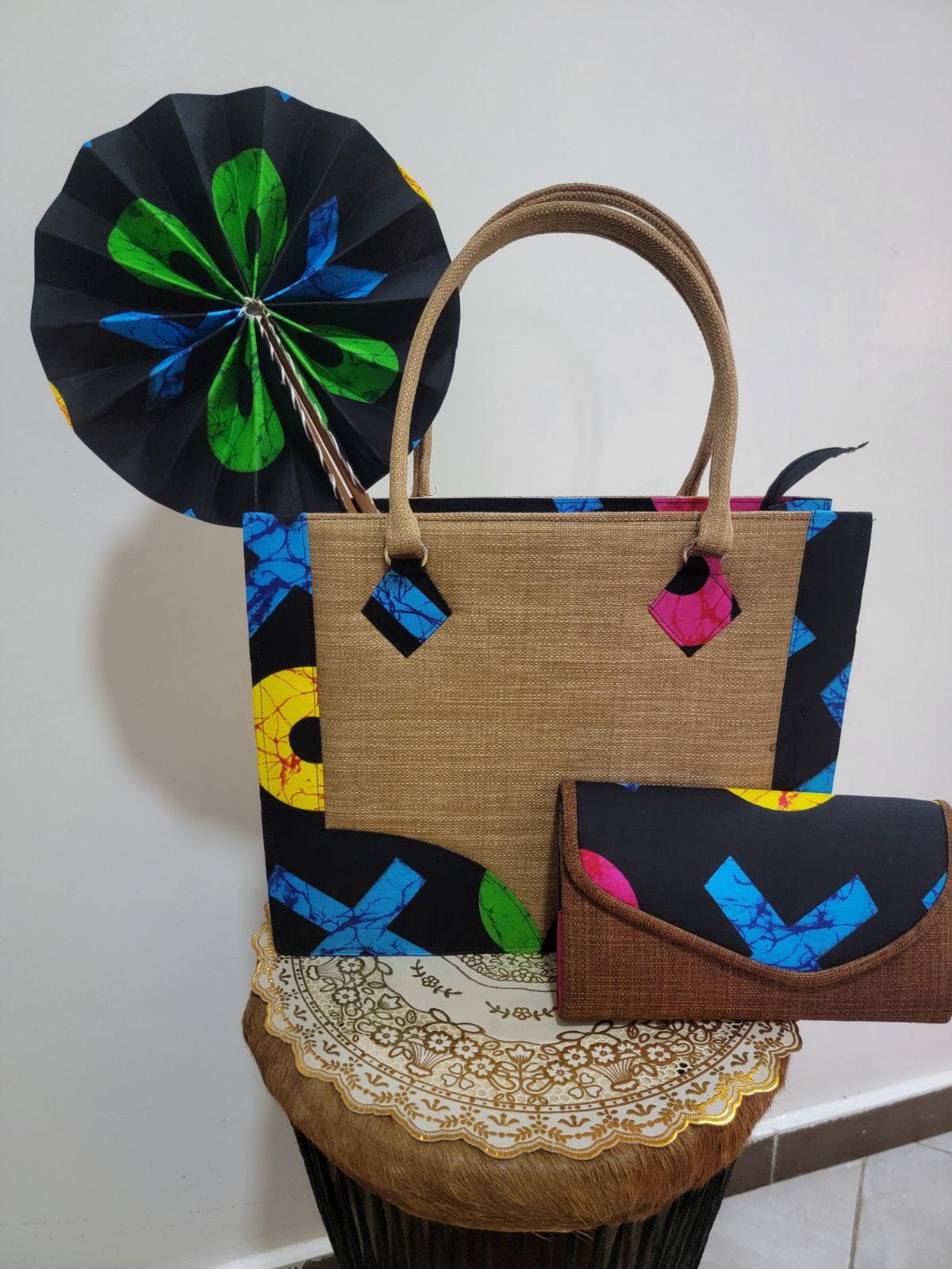 Ensemble "Dakar Pop" : Cabas Jute, Pochette et Éventail Assortis